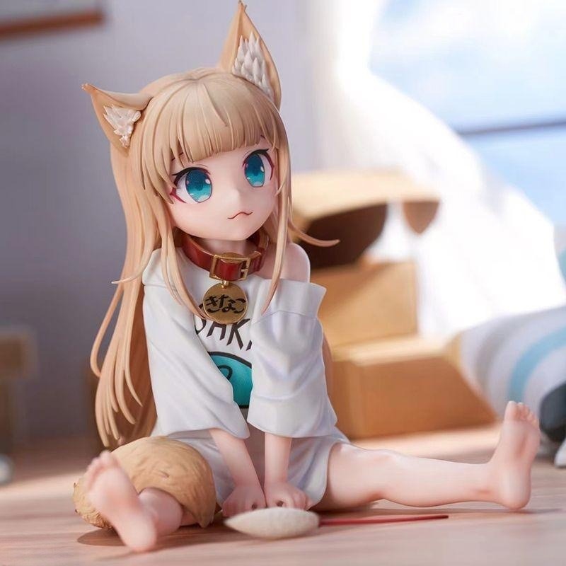 Cat girl sitting and eating fish, figure.