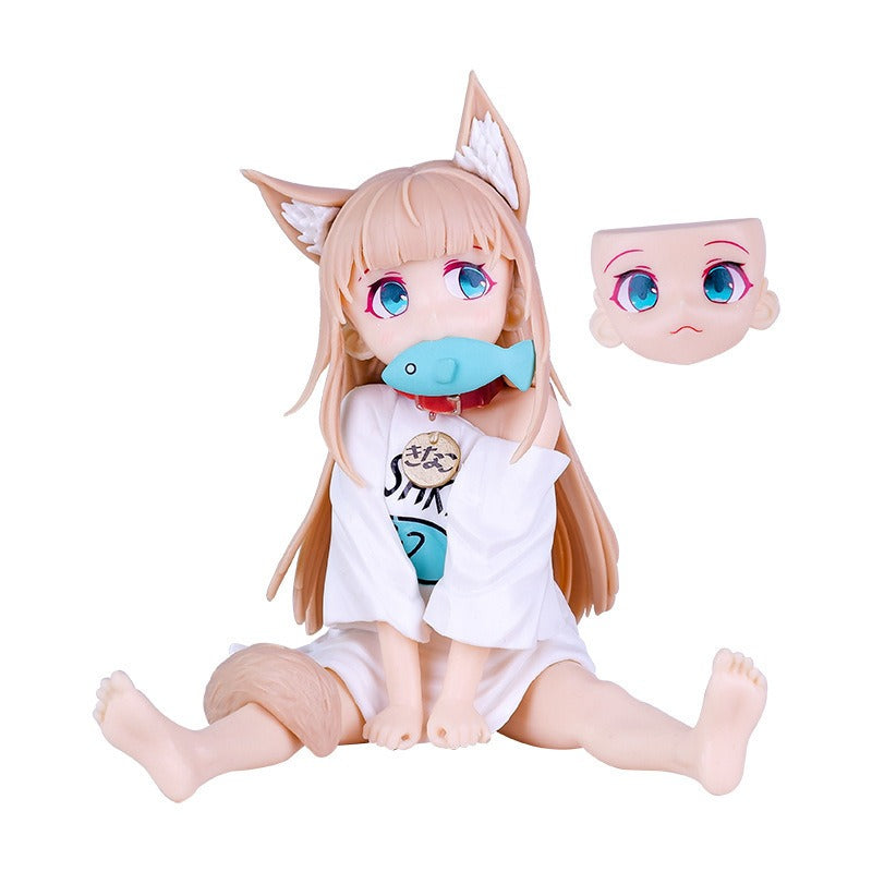Cat girl sitting and eating fish, figure.