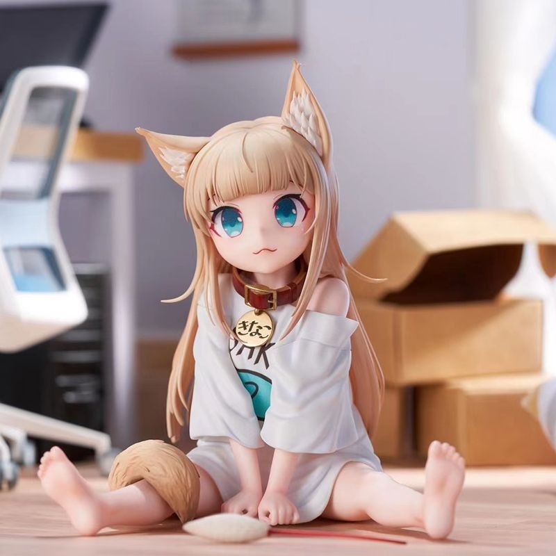Cat girl sitting and eating fish, figure.