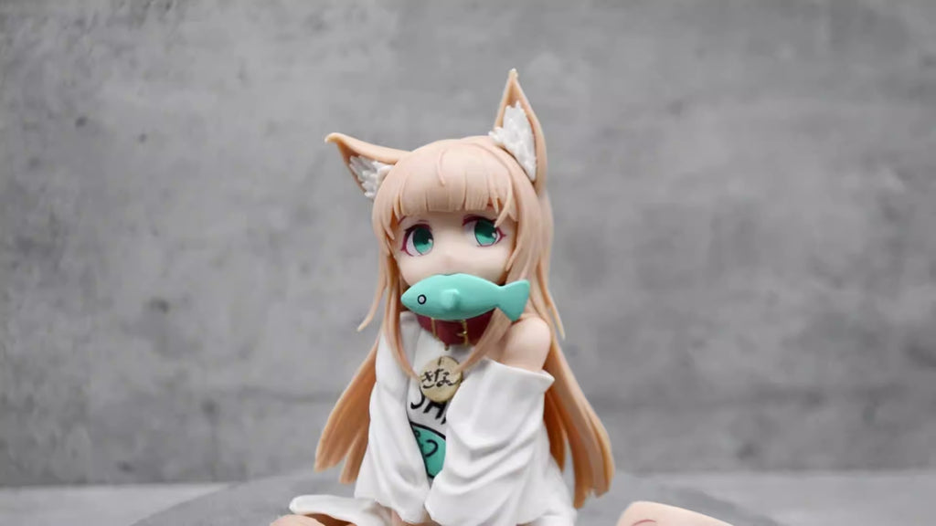 Cat girl sitting and eating fish, figure.