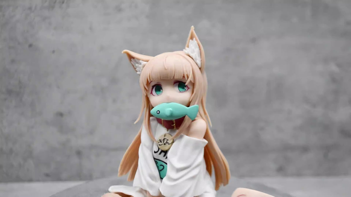 Cat girl sitting and eating fish, figure.