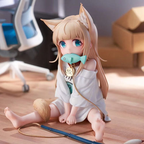 Cat girl sitting and eating fish, figure.
