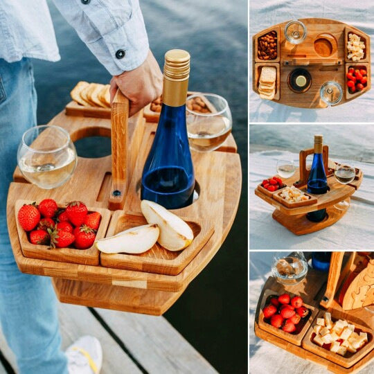 Wooden Picnic Table with Wine Glass Holders