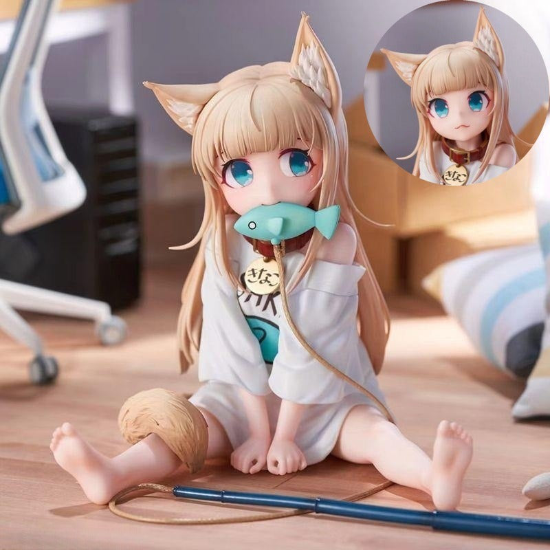 Cat girl sitting and eating fish, figure.